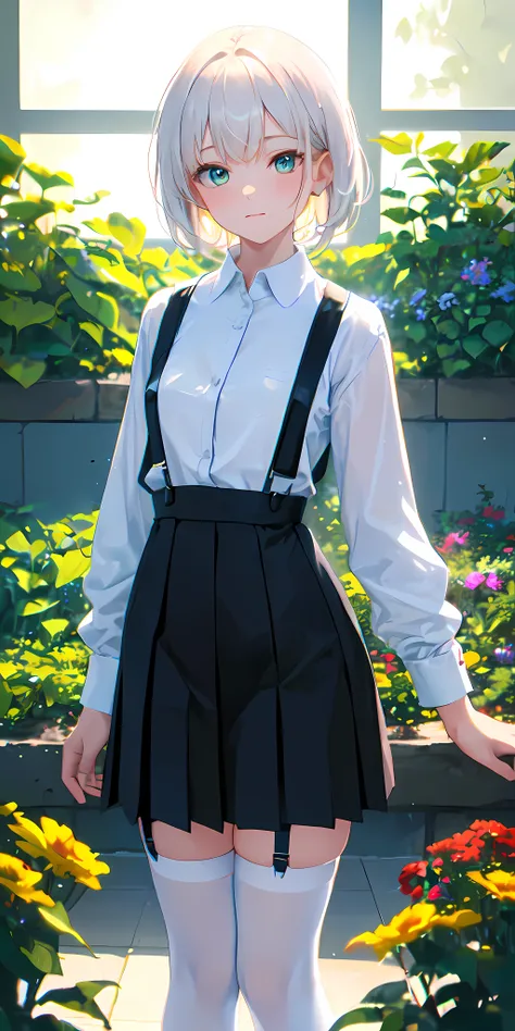 <(masterpiece:1.3), (best quality:1.2)>, (collared shirt:1.6), <high resolution illustration, coloful, chromatic aberration, intricate details, (cinematic light, rim lighting), (beautiful and clear background), depth of field, (finely detailed face), (prettyface)>, scenery, white shirt, (white kneesocks:1.3), beautiful garden, detailed garden, window, garden, flowers, dynamic_pose, light_particles, 1girl, cowboy shot, solo, (white_hair, short_hair, green eyes):1.2, looking at viewer, (black pleated skirt, black suspenders:1.4), (beautiful small city, detailed small city, steampunk, many object),