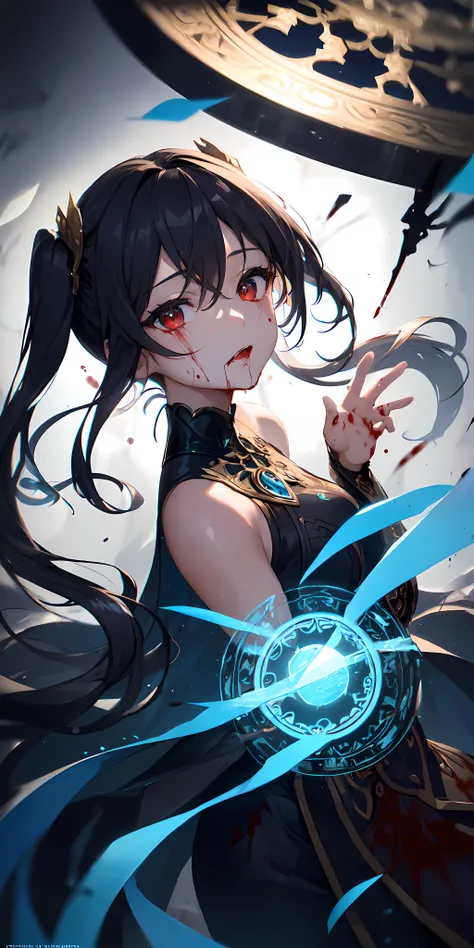 (masterpiece:1.2, best quality), (finely detailed beautiful eyes: 1.2), (detailed background,dark fantasy), (beautiful detailed face), high contrast, (best illumination, an extremely delicate and beautiful), ((cinematic light)), colorful, hyper detail, dramatic light, intricate details, (1 girl, solo,black hair, sharp face,low twintails,red eyes, hair between eyes,dynamic angle), (blood splatter:1.4), swirling black light around the character, depth of field,black light particles,(broken glass),magic circle,