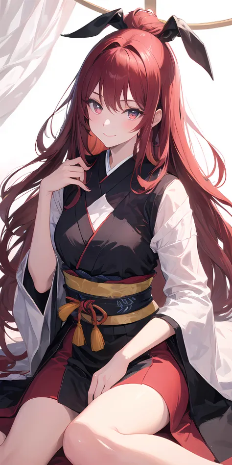 ((masterpiece, best quality)), manga, (1woman, mature), long hair, dark red hair, beautiful hair, red eyes, beautiful eyes, slight smile, hair is tied into two tails, straight hair, Japanese style dress for its beauty and elegance, white background, looking at the viewer, clear,  <lora:Style_v20:0.25>