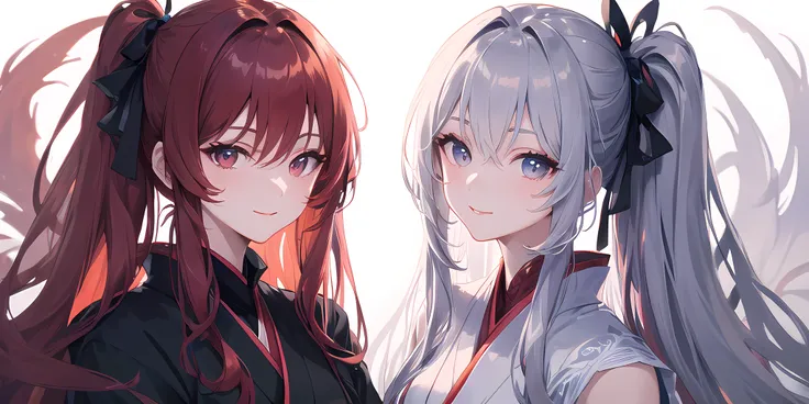 ((masterpiece, best quality)), vivid color, (2woman, mature), long hair, dark red hair, beautiful hair, red eyes, beautiful eyes, slight smile, hair is tied into two tails, straight hair, Japanese style dress for its beauty and elegance, white background, looking at the viewer, clear,