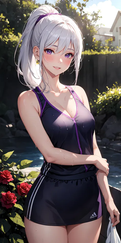 realistic, 1girl, ponytail, parted lips, blush, makeup, light smile, white hair, sportswear, skirt, wet clothes, glow, thighs, purple eye, bare shoulders, collarbone, narrow waist, sunbeam, sunlight, rose, wind, cleavage, (masterpiece), sweat,