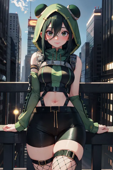 masterpiece, best quality, 1girl, <lora:AsuiTsuyu:0.7> asui tsuyu, black eyes, very long green hair, teenage, long eyelashes, slender, medium breasts,
<lora:Asian_Urban_Gal:0.7> urban gal, wearing urban gal, fishnet, strap, buckle, hoodie, <lyco:envybetterhandsLocon_beta2:1.0>
