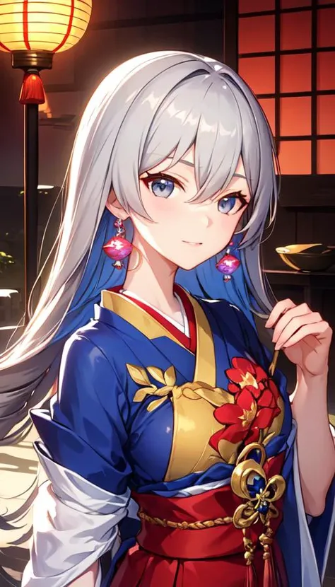 <lora:B-t1.1-000007:0.7>, ph bronya, 1girl, solo, earrings, long hair, drill hair, grey eyes, japanese clothes, red kimono, wagashi, east asian architecture, lantern, street, (masterpiece:1.6, best quality), (finely detailed beautiful eyes: 1.2), ultra-detailed, illustration,beautiful detailed eyes, shiny skin, upper body,