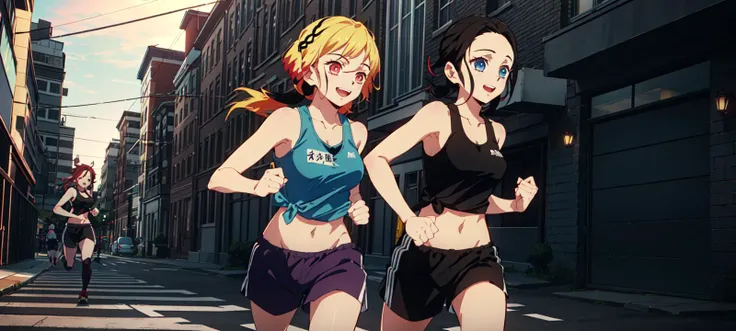 <lora:kimetsu_no_yaiba_style_offset:1>, kimetsu no yaiba style, action movie, 2-shot, (close-up shot:0.8), (2girls:1.5), running wear, marathon crop tank top, shorts, running, happy, street, (different haircolor face eyecolor:1.2), (duo alone:1.3), tied long hair, big breasts