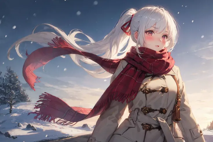 realistic, 1girl, ponytail, blush, makeup, white hair, elegant clothes, coat, scarf, glow, narrow waist, snow, sunlight, rose, wind, (masterpiece),