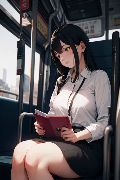 woman age 28. sitting on the bus on the way to work at the office. (photographed at 35mm, f/1.8, ISO200. shallow depth of field.)
