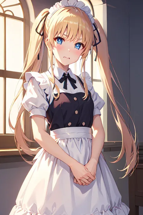 ph_eriri, sawamura spencer eriri, 1girl, blonde hair, blue eyes, twintails, solo, fang, long hair, hair ribbon, anime coloring, blush, bangs, black ribbon, long dress, maid, maid apron, roswaal mansion maid uniform,
, (masterpiece:1.6, best quality), (finely detailed beautiful eyes: 1.2), <lora:eriri_v1.1_FB:1>