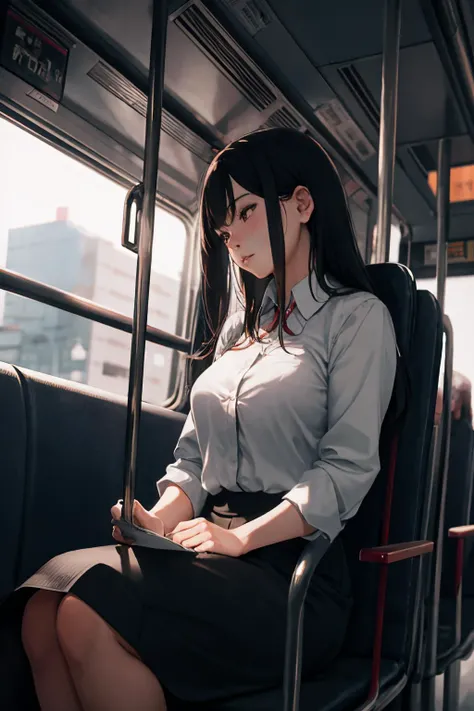 woman age 28. sitting on the bus on the way to work at the office. (photographed at 35mm, f/1.8, ISO200. shallow depth of field.)
