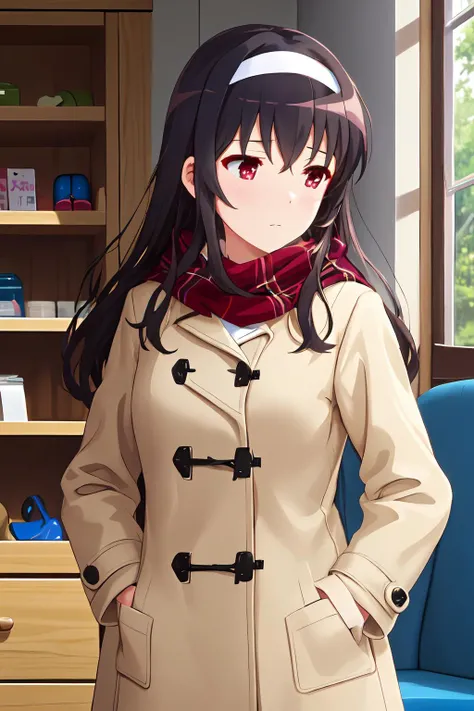 best quality, masterpiece,  ph utaha, 1girl, solo, long hair, black hair, scarf, hairband, coat, red eyes, white hairband, chair, looking away, bangs, long sleeves, looking to the side, hands in pockets, winter clothes, buttons, closed mouth, white scarf
<lora:Utaha_FB:0.8>