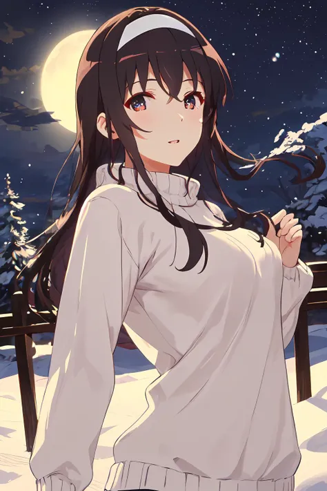 best quality, masterpiece, ph utaha, 1girl, long hair, solo, hairband, black hair, white hairband, sweater, long sleeves, bangs, green sweater, closed mouth, breasts, (detailed eyes), best quality, luminous eyes, medium breats, arms behind head, arched back, (dancing:1.1), from side, (looking at viewer:1.2), light smile, parted lips, wind, night sky, moon, snow field background, backlighting, light rays, (high contrast), (colorful),
<lora:Utaha_FB:0.9>