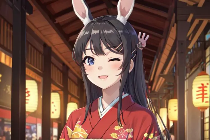 best quality, masterpiece, rabbit hair ornament, ph mai, maihd, 1girl, solo, kimono, japanese clothes, street, city, lantern, dusk, upper body, smile, one eye closed, <lora:Mai_1-000005:0.6>