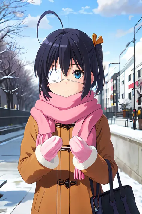 masterpiece, best quality, <lora:Rikka_FB:0.9>, ph rikka, 1girl, scarf, solo, tree, cloud, outdoors, sky, day, pink scarf, coat, bag, winter clothes, gloves, blurry, icho private high school uniform, looking at viewer, ring, upper body, bare tree, mittens, jewelry, blue sky