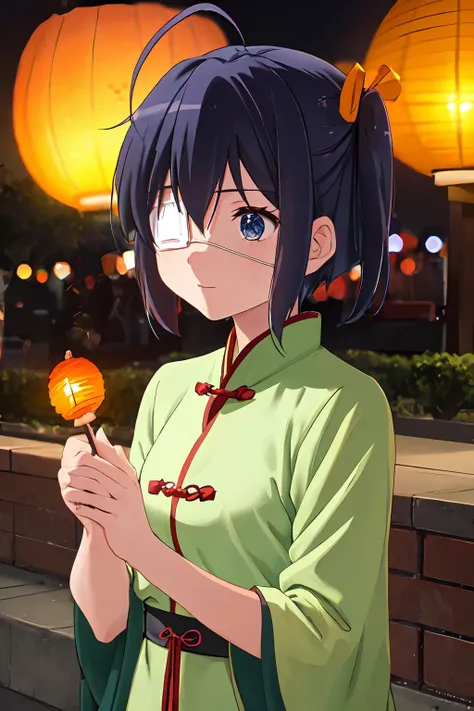 masterpiece, best quality, <lora:Rikka_FB:0.9>, ph rikka, 1girl, solo, chinese clothes, lantern, night, fireworks, street, east asian architecture, upper body,