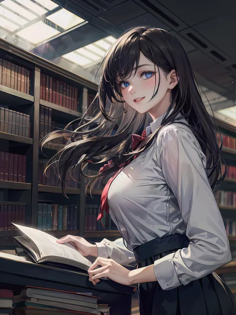 (masterpiece, best quality, high resolution), absurdres, intricate details, realistic, lens flare, glitters, (detailed shining dark blue eyes:1.2), (upper body), (overexposure, front lighting, hdr effect, white base:1.4), <lora:add_detail:0.3>
BREAK (delicate hair, detailed shining long light brown hair blowing in wind:1.3), beautiful face, big smile
BREAK (kawaii cute 1girl in counter, library reception staff, knowledgeable librarian:1.3), (delicate best hands)
BREAK white shirt, large breasts
BREAK navy mini skirt, beautiful check print, dynamic pose, (lively atmosphere), (gorgeous bright contemporary architecture hall:1.3)
BREAK expansive shelves, abundant books, cozy reading nooks, grand architecture, natural light, peaceful silence, studious atmosphere, comfortable chairs, vast collection, tranquil ambiance, quiet whispers, intellectual sanctuary, serene study halls
