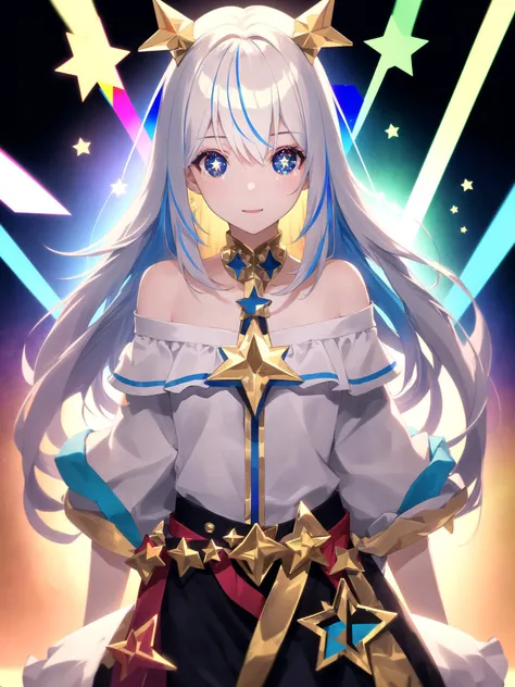 (masterpiece, best quality, highres), ((1girl, (mature female) long hair), (star-shaped pupils, +_+, symbol-shaped pupils, sparkling eyes)), (looking at viewer, light smile, off shoulder), (multicolored background, abstract background, chromatic aberration),