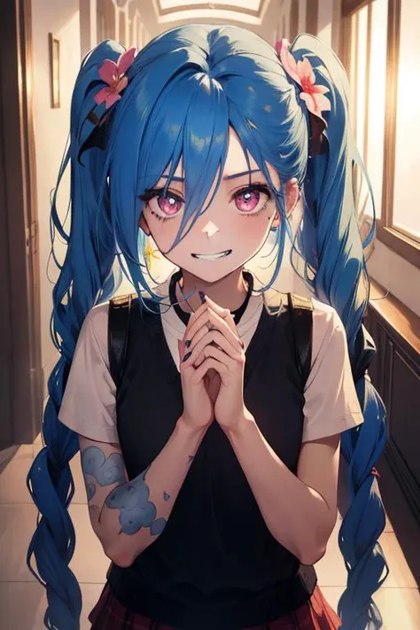 (masterpiece, best quality, highres:1.2), (intricate and beautiful:1.2), (soft lighting, reflected light), (colorful), 1girl, jinxlol, hair flower, yellow sweater vest, white shirt, short sleeves, green skirt, black thighhighs, demon tail, upper body, grin, looking at viewer, hallway, nice hands, perfect hands, bright pupils, hair between eyes, blue hair, long hair, twintails, pink eyes, tattoo, centered, <lora:JinxLol:1>