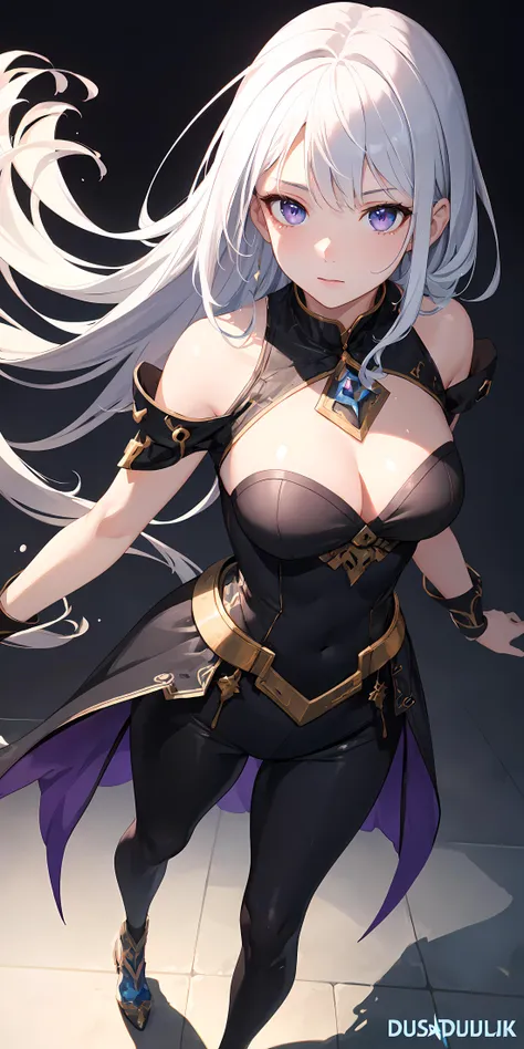 1girl, anime, cute girl, blank background, white background, fantasy, detailed dark fantasy dress with highlights, beautiful face, beautiful eyes, dark colors, silver hair, slightly small breasts, slight cleavage, beautiful skin, cute, breast curtains, extremely delicate and beautiful, (beautiful detailed face:1.0), (detailed deep eyes), symmetrical breasts, deep eyes, shiny skin, portrait, slender waist, hips wider than shoulders, thighs, young girl, expressionless, luminous eyes