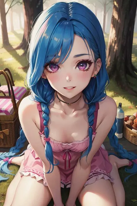 masterpiece, detailed eyes, Perfect features, best quality, highres, absurdres, ultra detailed, 1girl, solo, pale skin, long eyelashes, pink scrunchie, ear piercing, outdoors, forest, sunlight, white sundress, sitting, wariza, light blush, parted lips, smile, looking at viewer, sexually suggestive, from above, face, picnic, picnic basket, barefoot, jinxlol, small breasts, twin braids, blue hair, wide-eyed, pink eyes, <lora:JinxLol:1>