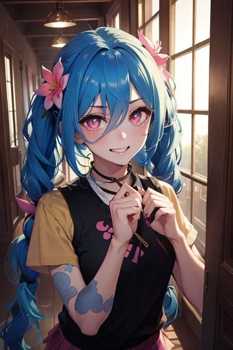 (masterpiece, best quality, highres:1.2), (intricate and beautiful:1.2), (soft lighting, reflected light), (colorful), 1girl, jinxlol, hair flower, yellow sweater vest, white shirt, short sleeves, green skirt, black thighhighs, demon tail, upper body, grin, looking at viewer, hallway, nice hands, perfect hands, bright pupils, hair between eyes, blue hair, long hair, twintails, pink eyes, tattoo, centered, <lora:JinxLol:1>