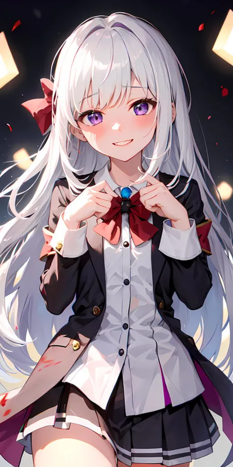 1girl, (yandere:1.4), (empty eyes), crazy, blood on face, backlighting, looking at viewer, white hair, purple eyes, blush, smile, yandere simulator,