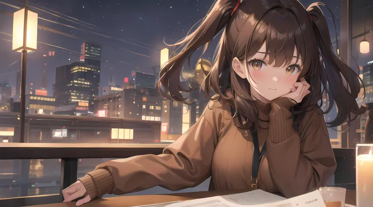 upper body, outside, front view,1girl, brown hair, brown sweater, table, right hand at chin, score_8, score_9_up,<lora:Expressive_H:2> night