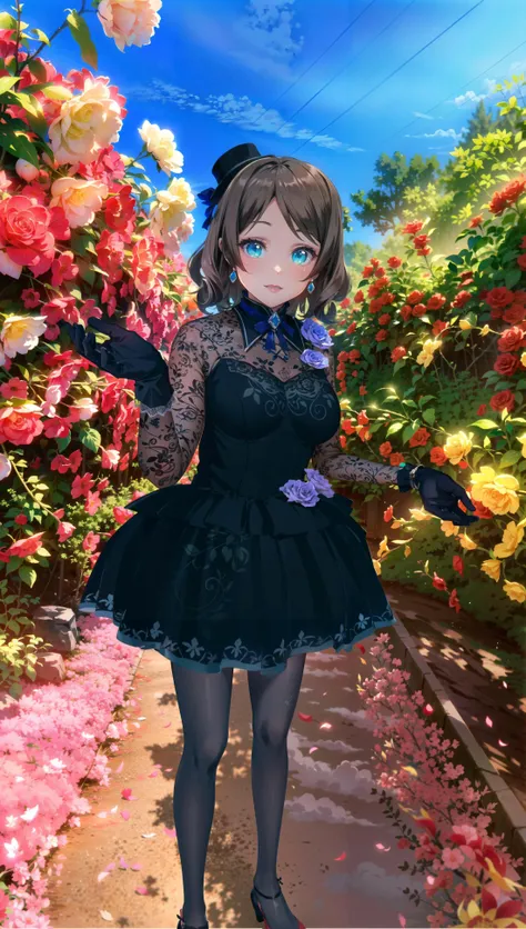 (milf:1.3), (aqua eyes:1.2), brown hair, ((short hair)), ((medium breast)), 1girl, anime art, (masterpiece:1.3), detailed background, detailed foreground, soft shadows, high quality, best quality, high resolution, highres, best eyes, detailed eyes, detailed face, best face, high quality face, hands, earrings, small top hat, high heels, black dress, black stockings, fingers, gloves, lace, floral embroidery, (power lines:1.2), (clouds:1.5), flower pedal in the air, flower pedals on the ground, yellow roses, red roses, white roses, pink roses, blue gem, purple roses, (yandere:1.3), (purple lips),(flirty smile), (purple eye shadow), glowing eyes, <lora:kasumigaokaUtaha_v1:0.4> <lora:add_detail:0.3> <lora:Black_8D_glossy_stockings:0.35> <lora:lora_perfecteyes_v1_from_v1_160:0.4> <lora:Ghibli_v4:0.3>