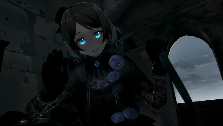 mature, milf, (((((aqua colored eyes))))), aqua eyes, brown hair, (((((brunette hair))))), ((short hair)), ((medium breast)), 1girl, anime, (((((masterpiece))))), detailed background, detailed, foreground, soft shadows, soft high lights, high quality, best quality, high resolution, highres, best eyes, detailed eyes, detailed face, best face, high quality face, beautiful eyes, blue gem, purple roses, yandere, ((evil smile)), (((light purple lipstick, purple eye shadow))), blade, knife, hilt, ((naughty face, open mouth)), (((anime)))
