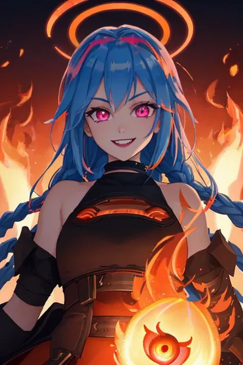 source_anime, score_9, score_8_up, score_7_up, score_6_up BREAK extremely detailed CG unity 8k wallpaper, high quality texture, ( masterpiece, intricate:1.3), (best quality, high detail:1.2),(incredibly detailed:1.4), very detailed background, perfect anatomy, high resolution, 4k, 8k, soft lighting, high texture quality, detailed textures, vibrant colors, centered subject, shallow depth of field, sharp focus, jinxlol, small breasts, ((blue hair)), perfect eyes, ((pink eyes)), (orange and red fire glowing:1.4), colofull, solo, (white sharp teeths:1.3), (dark princess:1.6), 1girl, (evil smile:1.4), open mouth, portrait, red lips, (black dress:1.5), (fire halo glow:1.6), full body, (dark castle wall background), solo, looking, glowing, fire, glowing eyes, close-up, glowing eye, (flaming eye:1.4), embers, burning, ghost spirits arround, (schizophrenia smile), demon girl, crown, <lora:JinxLol:0.8>