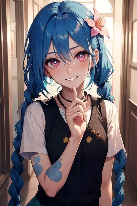 (masterpiece, best quality, highres:1.2), (intricate and beautiful:1.2), (soft lighting, reflected light), (colorful), 1girl, jinxlol, hair flower, yellow sweater vest, white shirt, short sleeves, green skirt, black thighhighs, demon tail, upper body, grin, looking at viewer, hallway, nice hands, perfect hands, bright pupils, hair between eyes, blue hair, long hair, twintails, pink eyes, tattoo, centered, <lora:JinxLol:1>
