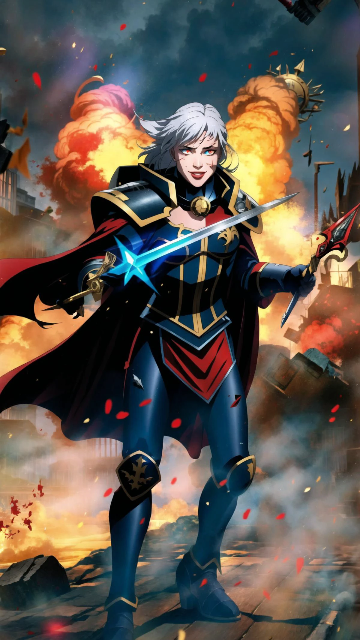 long hair, white hair, 1girl, (red loincloth:1.15), (scar, injury, debris, dust, battle damage:1.25), cleavage, BREAK, <lora:Adepta Sororitas, the Daughters of the Emperor - 40K:0.7> ADEPTA SORORITAS, (fleur de lis1.15:1.10), cape, (black power armor:1.15), BREAK, <lora:yameroyandere-v2:0.45> (yameroyandere, constricted pupils, yandere, crazy eyes, glowing eyes, crazy smile, :1.15), bloodlust, blood on clothes, blood on face, BREAK, outdoors, rainstorm, thunderstrike, lightning, BREAK, <lora:add_detail:0.4> <lora:torn:0.7> (torn clothes, cloth pieces:1.15), BREAK, bloodyface, blood, bleeding <lora:UnlimitedBladeWorks1.6:0.7> (holding sword, holding chainsword:1.15), masterpiece, best quality, extremely detailed, highly quality, 4k, sharp focus, professional, sharp focus, award winning, cinematic lighting, octane render, unreal engine, volumetrics dtx, Wallpaper,
