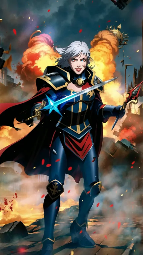 long hair, white hair, 1girl, (red loincloth:1.15), (scar, injury, debris, dust, battle damage:1.25), cleavage, BREAK, <lora:Adepta Sororitas, the Daughters of the Emperor - 40K:0.7> ADEPTA SORORITAS, (fleur de lis1.15:1.10), cape, (black power armor:1.15), BREAK, <lora:yameroyandere-v2:0.45> (yameroyandere, constricted pupils, yandere, crazy eyes, glowing eyes, crazy smile, :1.15), bloodlust, blood on clothes, blood on face, BREAK, outdoors, rainstorm, thunderstrike, lightning, BREAK, <lora:add_detail:0.4> <lora:torn:0.7> (torn clothes, cloth pieces:1.15), BREAK, bloodyface, blood, bleeding <lora:UnlimitedBladeWorks1.6:0.7> (holding sword, holding chainsword:1.15), masterpiece, best quality, extremely detailed, highly quality, 4k, sharp focus, professional, sharp focus, award winning, cinematic lighting, octane render, unreal engine, volumetrics dtx, Wallpaper,