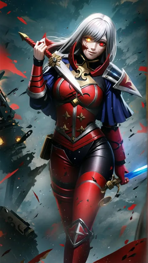 long hair, white hair, 1girl, (red loincloth:1.15), (scar, injury, debris, dust, battle damage:1.25), cleavage, BREAK, <lora:Adepta Sororitas, the Daughters of the Emperor - 40K:0.7> ADEPTA SORORITAS, fleur de lis, cape, (black armor:1.15), BREAK, <lora:yameroyandere-v2:0.6> (yameroyandere, constricted pupils, yandere, crazy eyes, glowing eyes, crazy smile, :1.15), bloodlust, blood on clothes, blood on face, BREAK, outdoors, rainstorm, thunder, BREAK, <lora:add_detail:0.4> <lora:torn:0.7> (torn clothes, cloth pieces:1.15), BREAK, bloodyface, blood, bleeding <lora:UnlimitedBladeWorks1.6:0.7> (holding sword, holding chainsword:1.15), masterpiece, best quality, extremely detailed, highly quality, 4k, sharp focus, professional, sharp focus, award winning, cinematic lighting, octane render, unreal engine, volumetrics dtx, Wallpaper,