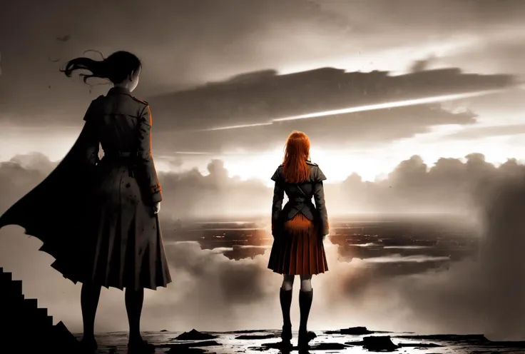<lora:torn:0.8> best quality, World war 1, 1girl stands at the top of a trench looking into no mans land, from below, sunset. orange trenchcoat, pleated skirt, (long cape) \(Heroic\), blowing in the wind, looking away, back turned, war torn battlefield, craters, dirt, torn clothes