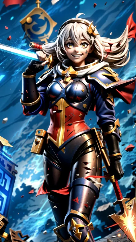 long hair, white hair, 1girl, (red loincloth:1.15), (scar, injury, debris, dust, battle damage:1.25), cleavage, BREAK, <lora:Adepta Sororitas, the Daughters of the Emperor - 40K:0.7> ADEPTA SORORITAS, (fleur de lis1.15:1.10), cape, (black power armor:1.15), BREAK, <lora:yameroyandere-v2:0.45> (yameroyandere, constricted pupils, yandere, crazy eyes, glowing eyes, crazy smile, :1.15), bloodlust, blood on clothes, blood on face, BREAK, outdoors, rainstorm, thunderstrike, lightning, BREAK, <lora:add_detail:0.4> <lora:torn:0.7> (torn clothes, cloth pieces:1.15), BREAK, bloodyface, blood, bleeding <lora:UnlimitedBladeWorks1.6:0.7> (holding sword, holding chainsword:1.15), masterpiece, best quality, extremely detailed, highly quality, 4k, sharp focus, professional, sharp focus, award winning, cinematic lighting, octane render, unreal engine, volumetrics dtx, Wallpaper,