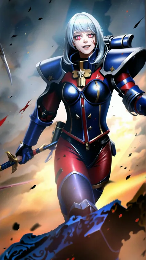 long hair, white hair, 1girl, (red loincloth:1.15), (scar, injury, debris, dust, battle damage:1.25), cleavage, BREAK, <lora:Adepta Sororitas, the Daughters of the Emperor - 40K:0.7> ADEPTA SORORITAS, fleur de lis, cape, (black power armor:1.15), BREAK, <lora:yameroyandere-v2:0.45> (yameroyandere, constricted pupils, yandere, crazy eyes, glowing eyes, crazy smile, :1.15), bloodlust, blood on clothes, blood on face, BREAK, outdoors, rainstorm, thunderstrike, lightning, BREAK, <lora:add_detail:0.4> <lora:torn:0.7> (torn clothes, cloth pieces:1.15), BREAK, bloodyface, blood, bleeding <lora:UnlimitedBladeWorks1.6:0.7> (holding sword, holding chainsword:1.15), masterpiece, best quality, extremely detailed, highly quality, 4k, sharp focus, professional, sharp focus, award winning, cinematic lighting, octane render, unreal engine, volumetrics dtx, Wallpaper,