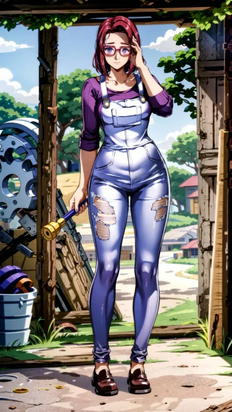 <lora:maru:1> maru, dark skin, purple eyes, glasses, red hair, short hair, <lora:add_detail:0.8> BREAK,
overalls, shirt, pantyhose, <lora:torn:0.8> torn clothes, cloth pieces, BREAK,
( workshop, garage, grime, dirt, holding wrench, screwdriver, tools),, masterpiece, best quality, hyperrealistic, extremely detailed, highly quality, 4k, sharp focus, professional photograph, sharp focus, award winning, cinematic lighting, octane render, unreal engine, volumetrics dtx, Wallpaper,