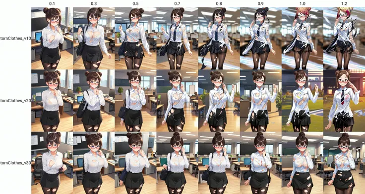 masterpiece, best quality, ultra-detailed, illustration, torn clothes, cloth pieces, 1girl, mature woman, office clothes, black skirt, black tights, long sleeve white shirt, glasses, hair bun, blush, embarrassed expression, busy office background, <lora:tornClothes_v10:0.1>
