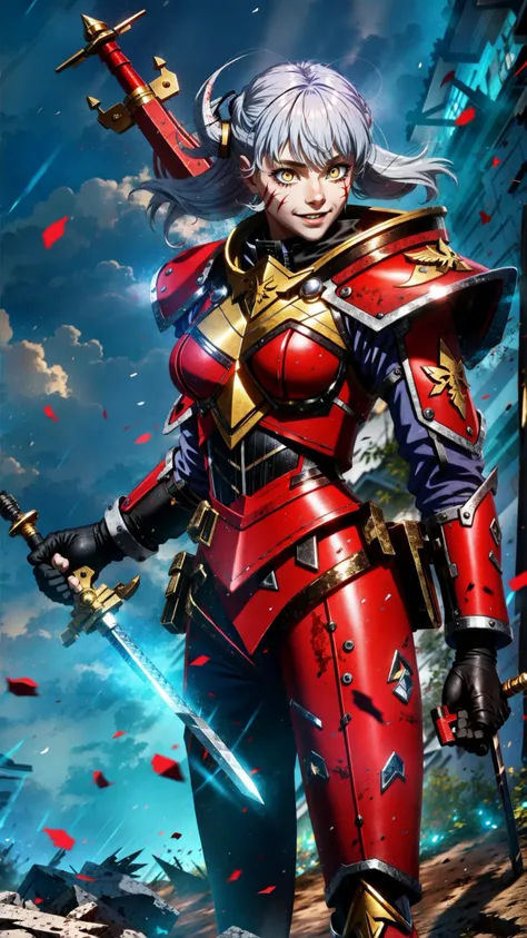 long hair, white hair, 1girl, (red loincloth:1.15), (scar, injury, debris, dust, battle damage:1.25), cleavage, BREAK, <lora:Adepta Sororitas, the Daughters of the Emperor - 40K:0.7> ADEPTA SORORITAS, (fleur de lis1.15:1.10), cape, (black power armor:1.15), BREAK, <lora:yameroyandere-v2:0.45> (yameroyandere, constricted pupils, yandere, crazy eyes, glowing eyes, crazy smile, :1.15), bloodlust, blood on clothes, blood on face, BREAK, outdoors, rainstorm, thunderstrike, lightning, BREAK, <lora:add_detail:0.4> <lora:torn:0.7> (torn clothes, cloth pieces:1.15), BREAK, bloodyface, blood, bleeding <lora:UnlimitedBladeWorks1.6:0.7> (holding sword, holding chainsword:1.15), masterpiece, best quality, extremely detailed, highly quality, 4k, sharp focus, professional, sharp focus, award winning, cinematic lighting, octane render, unreal engine, volumetrics dtx, Wallpaper,