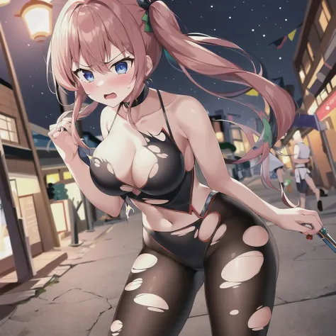 high quality, best quality, masterpiece, absurdres, 1girl, torn clothes, cloth pieces, <lora:torn:0.75>, leaning, street, night, angry