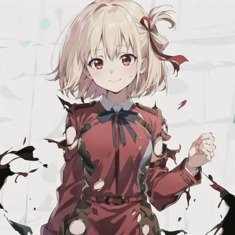 high quality, best quality, masterpiece, absurdres, red_jacket, ribbon, red_eyes, blond_hair, short_hair, hair_ribbon, smile, <lora:lycorisRecoil_chisatoV10:0.75>, 1girl, torn clothes, cloth pieces, <lora:torn:0.75>