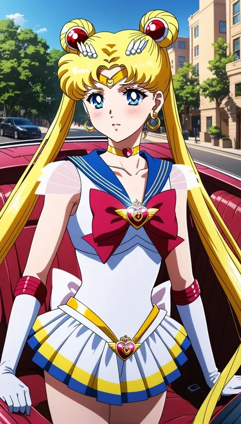 best quality, ultra-detailed, (1girl, solo,<lora:sdxl-supersailormoon-v1:1>, supersailormoon, double bun, twintails, circlet, earrings, choker, bow, gloves, leotard, miniskirt, very embarrassed,  relaxed posture, elbows extended, standing, ,), in a convertible car