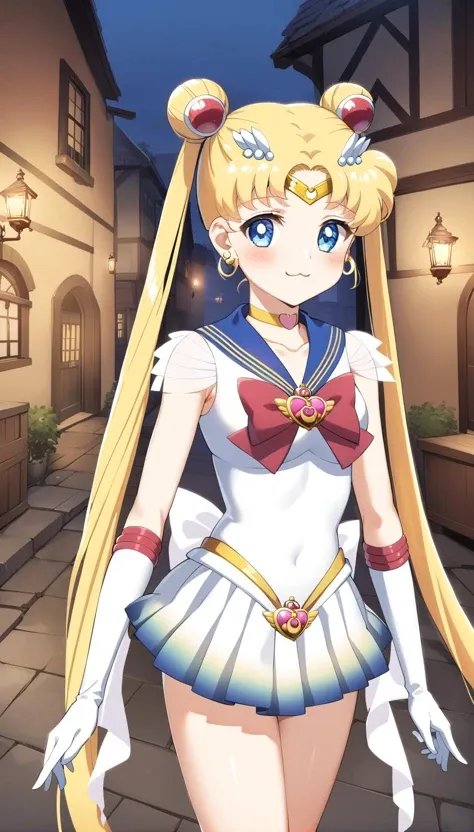 best quality, ultra-detailed, (1girl, solo,<lora:sdxl-supersailormoon-v1:1>, supersailormoon, double bun, twintails, circlet, earrings, choker, bow, gloves, leotard, miniskirt, :3,  standing ,,), in a medieval town