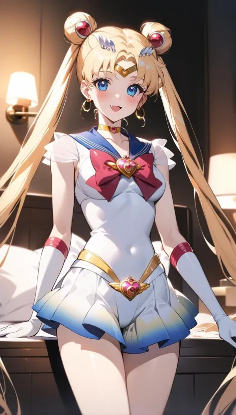 best quality, ultra-detailed, (1girl, solo,<lora:sdxl-supersailormoon-v1:1>, supersailormoon, double bun, twintails, circlet, earrings, choker, bow, gloves, leotard, miniskirt, smile fang,  relaxed posture, elbows extended, standing, ,), in a hotel room