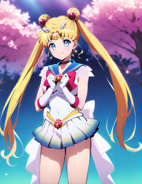 1girl, solo,<lora:sdxl-supersailormoon-animagine-xl-3-1-v2:1> , supersailormoon, double bun, twintails, circlet, earrings, choker, bow, gloves, miniskirt, ,relaxed posture, elbows extended, standing , smile,, <lora:ALTXL_001_4:2>, in a dream landscape, (retro:-1.0), (1990s:-1.0) ,high quality,medium quality