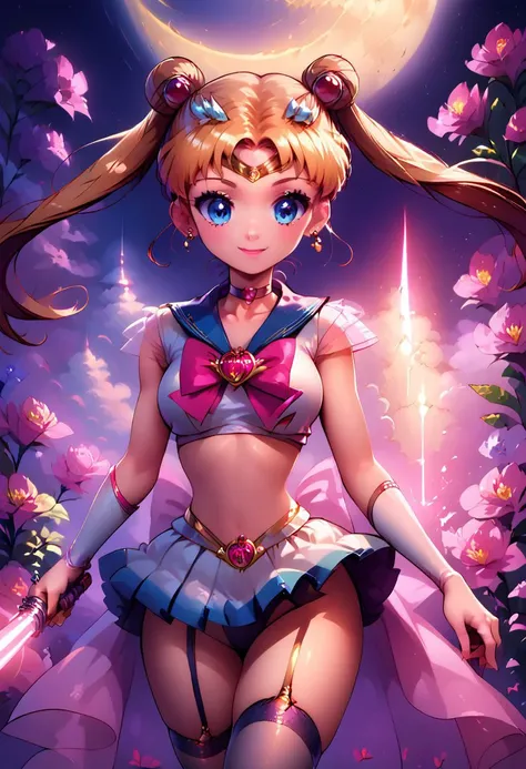 score_10 , score_9_up, score_8_up, score_7_up , score_6_up, vibrant colors, shiny_skin , prefect lighting, detailed image, snoozing , source_anime,anime, anime style,BREAK, (supersailormoon , big breasts , curvy , cute , thicc ,double bun, twintails, circlet, earrings, choker, bow, ), thigh highs , garter belt , (miniskirt , Crop Top ), smiling ,
flower field , night , moon , outdoor , dynamic pose , holding a LightSaber , zzLightSaber ,