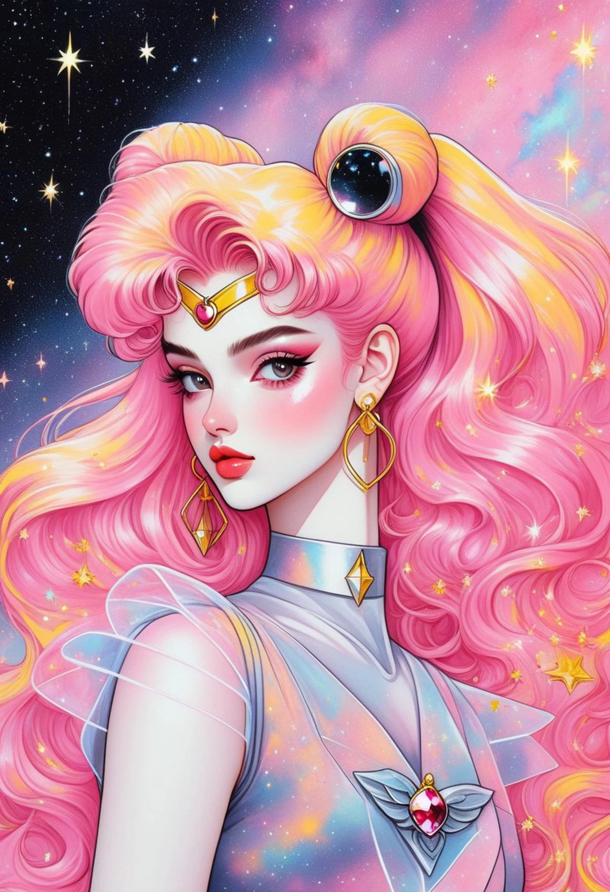 Nostalgia 90s marker art - [Sailor Moon] an angelic cyberpunk woman, marker style outlines, eyeliner makeup and long pink hair, lost in space(stars, glints, galaxy background), floating pose, streetwear design, pro vector, full design, solid colors, warm colors, bright colors, black hair, copic, micron liner, chubby cheeks, vibrant, (crystal octahedron earrings), obsidian design, crystals, nebula clouds