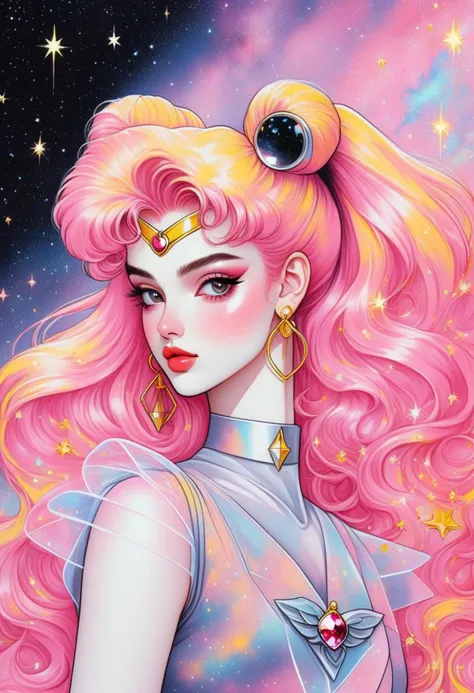 Nostalgia 90s marker art - [Sailor Moon] an angelic cyberpunk woman, marker style outlines, eyeliner makeup and long pink hair, lost in space(stars, glints, galaxy background), floating pose, streetwear design, pro vector, full design, solid colors, warm colors, bright colors, black hair, copic, micron liner, chubby cheeks, vibrant, (crystal octahedron earrings), obsidian design, crystals, nebula clouds