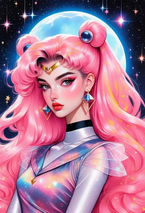 Nostalgia 90s marker art - [Sailor Moon] an angelic cyberpunk woman, marker style outlines, eyeliner makeup and long pink hair, lost in space(stars, glints, galaxy background), floating pose, streetwear design, pro vector, full design, solid colors, warm colors, bright colors, black hair, copic, micron liner, chubby cheeks, vibrant, (crystal octahedron earrings), obsidian design, crystals, nebula clouds