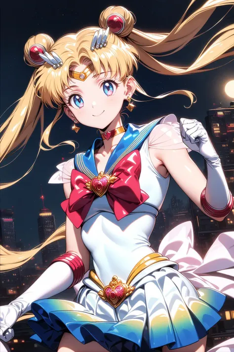 1girl, solo,<lora:sdxl-lyco-supersailormoon-animagine_xl_3_1-v3:1>, supersailormoon, double bun, twintails, circlet, earrings, choker, bow, white leotard,gloves, miniskirt, standing ,smile, best quality, very aesthetic, ultra-detailed, intricate details, 4k,, , (retro:-1.0) ,(1990s:-1.0), BREAK at night, city, Moon in the night sky