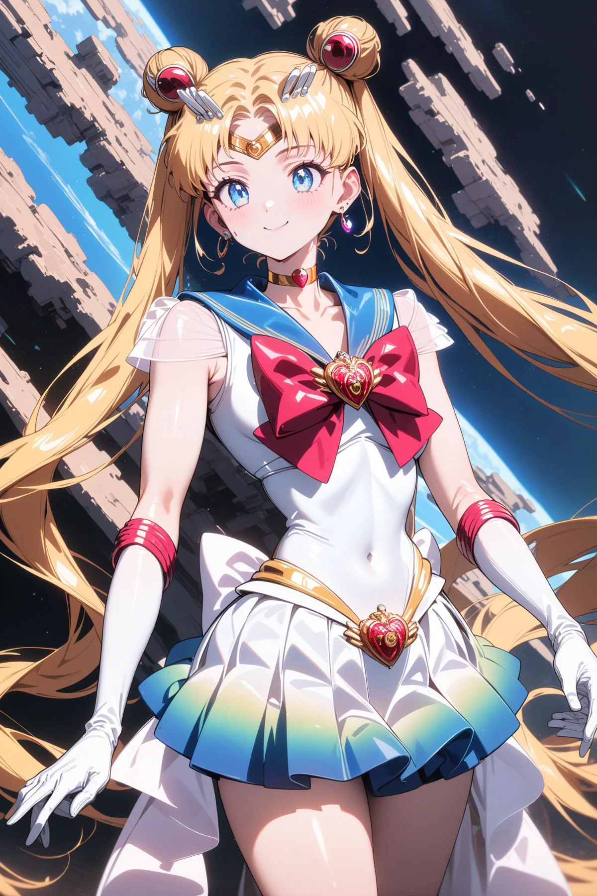 1girl, solo,<lora:sdxl-lyco-supersailormoon-animagine_xl_3_1-v3:1>, supersailormoon, double bun, twintails, circlet, earrings, choker, bow, white leotard,gloves, miniskirt, relaxed posture, elbows extended, standing , ,smile, best quality, ultra-detailed,masterpiece , intricate details, 4k,, newest, (retro:-1.0) ,(1990s:-1.0), BREAK in the distant future